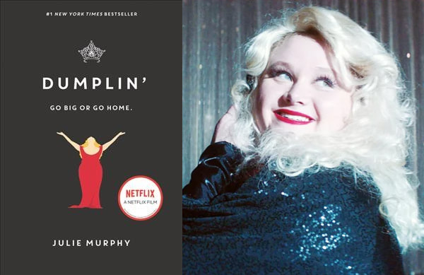A picture of the original book cover for Dumplin' next to the film image of Dumplin' from Netflix