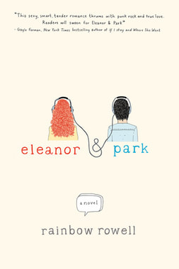 Picture of the cover of the book Eleanor & Park by Rainbow Rowell; light tan background with a drawing of the back of a girl's head in the middle left and the back of a boy's head in the middle right; the girl has curly red hair and is wearing a set of earphones whose cord connects with the cord of the earphones on the boy's head; the boy has black hair; the word Eleanor is under the girl, the word Park is under the boy, and an ampersand is in between those two words.